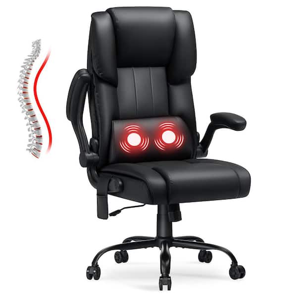 Faux Leather Heated Massage Executive Chair in Black with Filp-up Armrests
