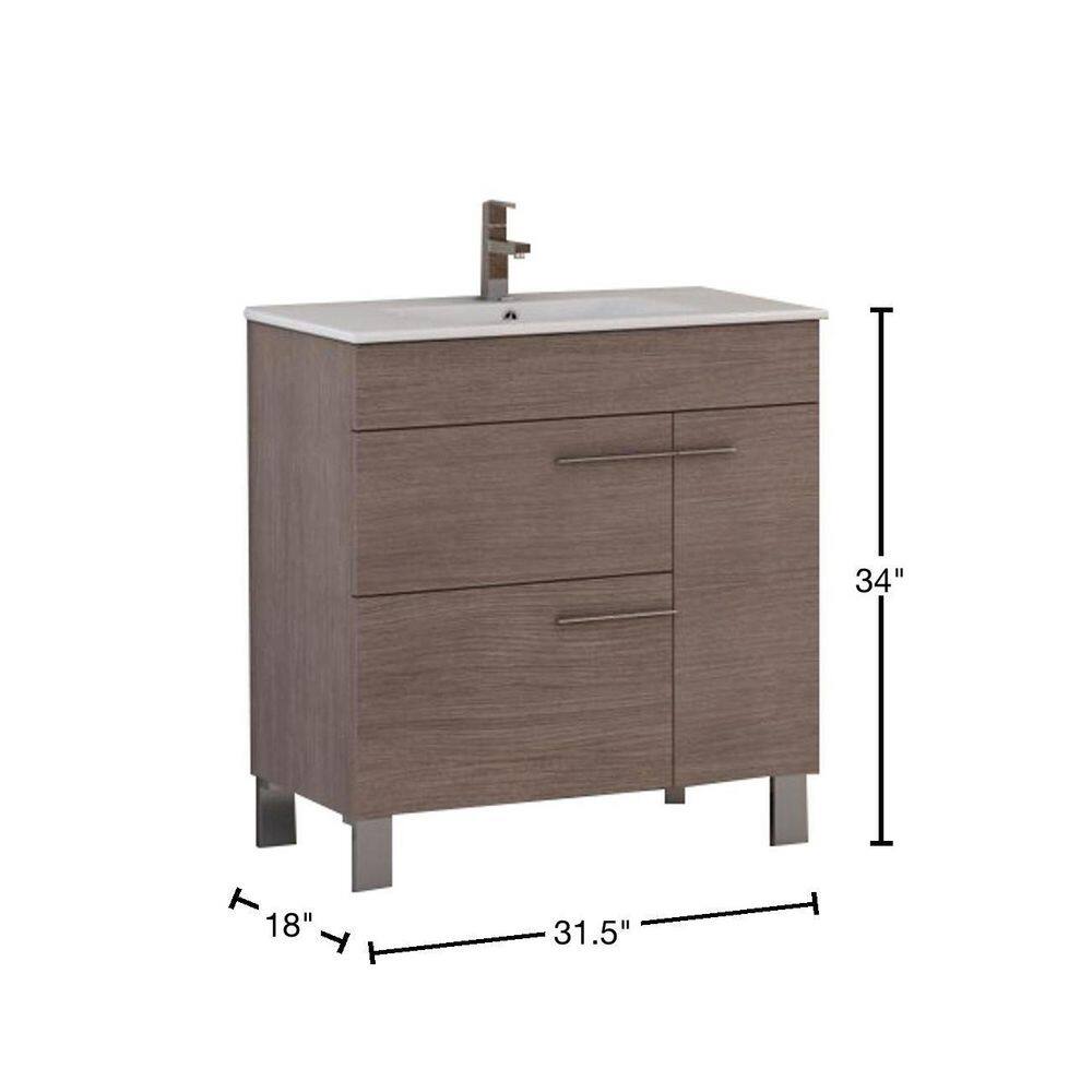 Medium Oak 32" Modern Bathroom Vanity with White Porcelain Sink