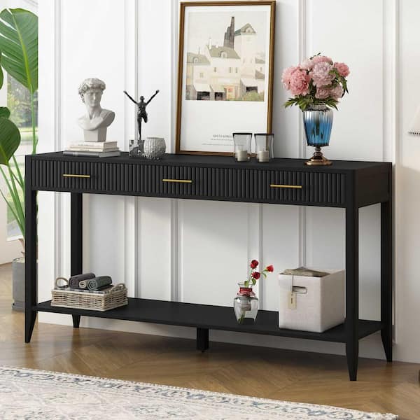 60 in. Black Rectangle Wood Console Table with Vertical Stripe Drawers, Long Legs, Suitable