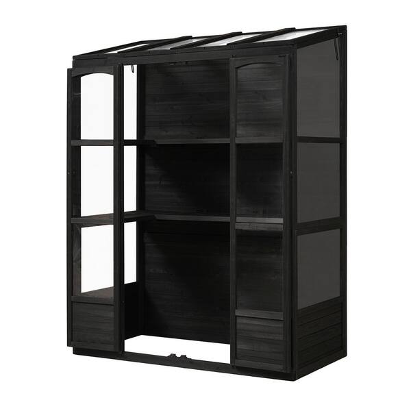 Unbranded - 57.9 in. W x 29.1 in. D x 78.1 in. H Black Wood Greenhouse with 4-Independent Skylights and 2-Folding Middle Shelves