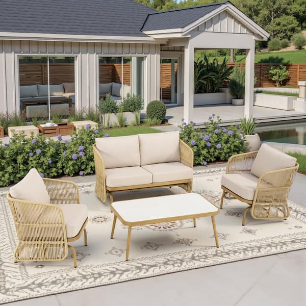 Buenaola Nyajiah 4-Piece Wicker Patio Conversation Set Outdoor Rope Glider Chair Set with Beige Cushions