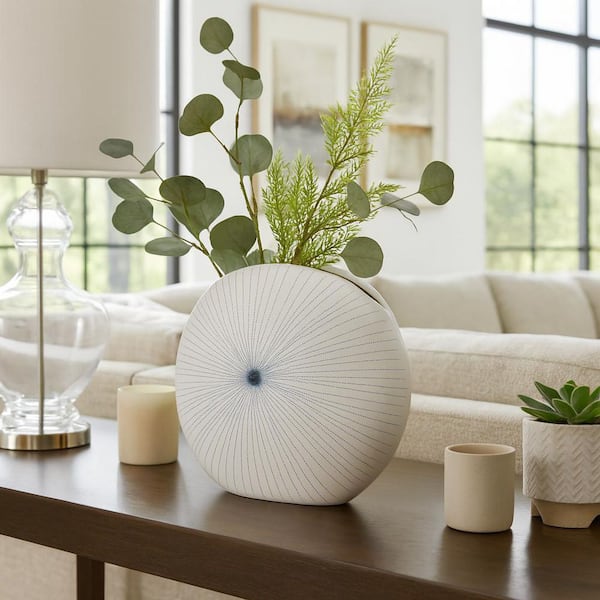 12 in. White/Blue Ceramic Round Novelty Dotted Shell Decorative Vase