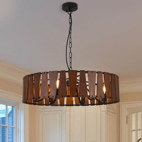 Modern Farmhouse 6-Light Black Drum Chandelier with Wooden Shade for Kitchen Island