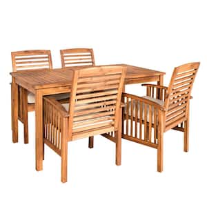 5-Piece Acacia Wood Outdoor Dining Set with White Cushion