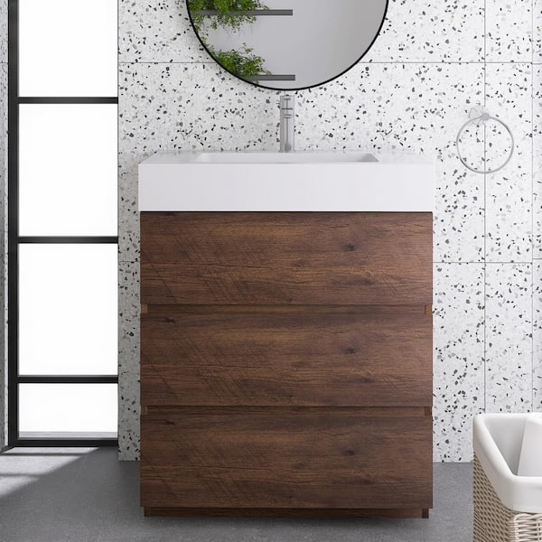 JimsMaison 30 in. W x 18 in. D x 37 in. H Single Sink Freestanding Bath Vanity in Walnut with White Cultured Marble Top