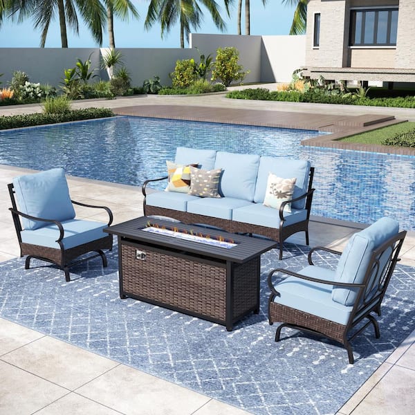 PHI VILLA Brown Rattan 4-Piece 5 Seat Metal Outdoor Patio Conversation Set with Blue Cushions, Motion Sofas and Fire Pit Table