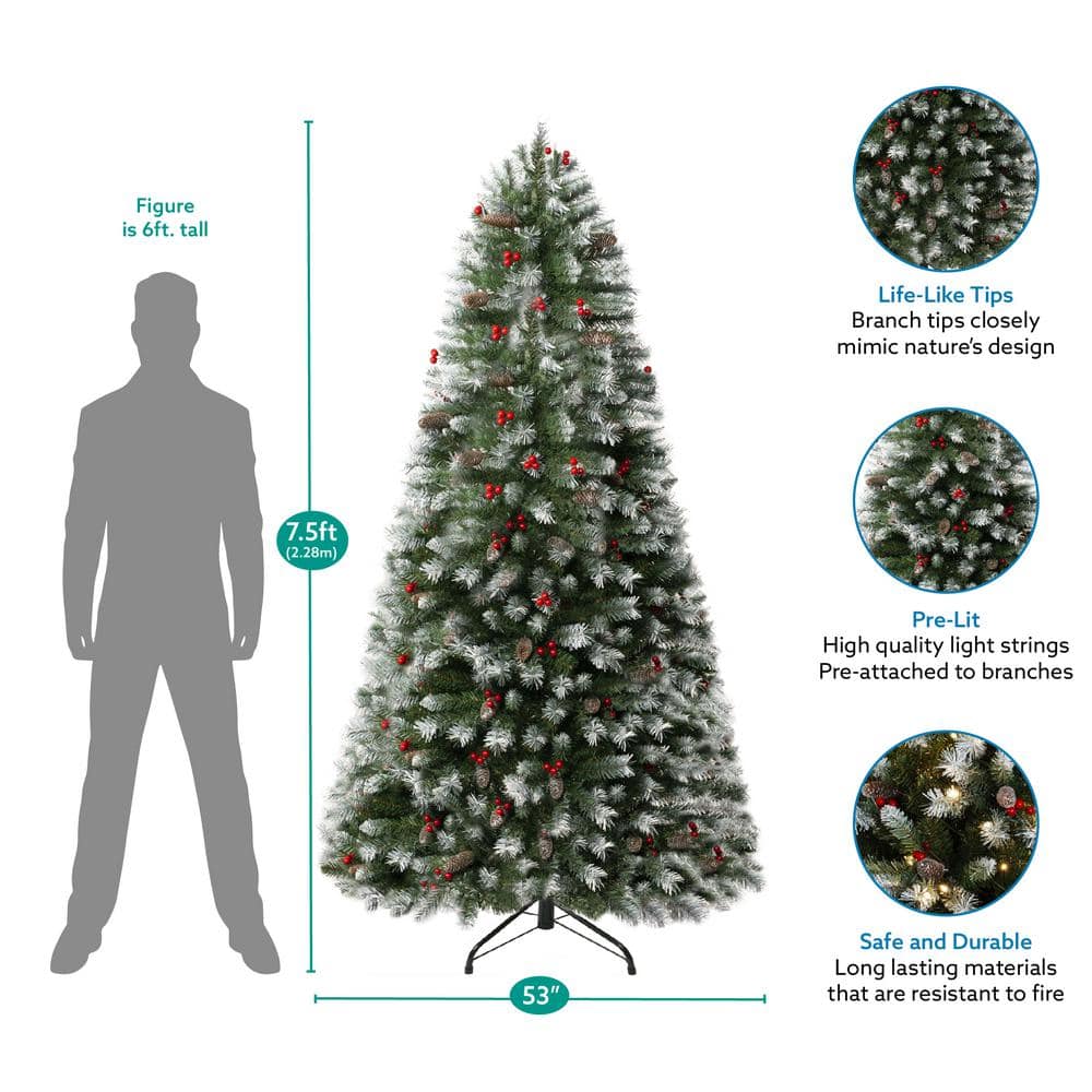 HOMESTOCK 7.5 ft Frosted Pre-Lit Artificial Christmas Tree with Pine ...