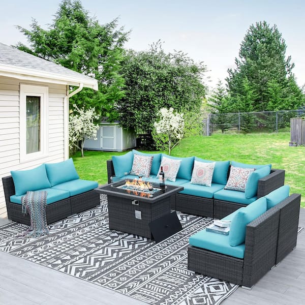 Unbranded 9 Pieces Gray Wicker Outdoor Sectionals Patio Furniture Set Conversation Set with Fire Pit Table and Teal Cushions