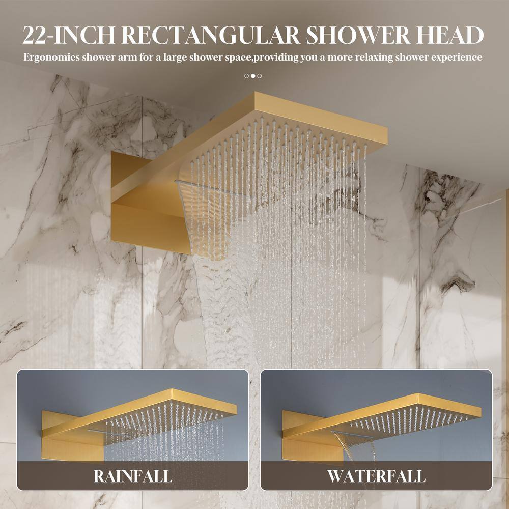 Brushed Gold Dual Rectangle Ceiling Mount Shower System with Body Jets
