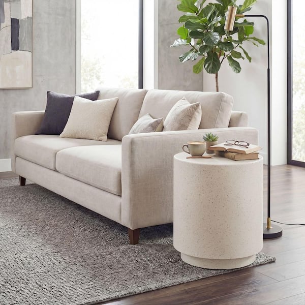 14.5 in. Concrete Round Side Table, Lightweight Accent Table with Terrazzo Finish, Cream White