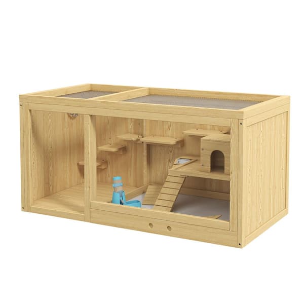 maocao hoom Multi-Layer Large Wooden Hamster Cage with Pull-Out Tray, Seesaws, Water Bottle, Ladder, Openable Top