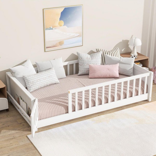 White Wood Frame Twin Size Platform Bed with Door and Built-in Book Rack