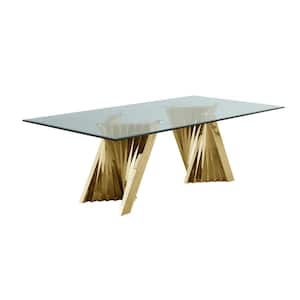 Becky 94 in. Gold Rectangular Tempered Glass Top with Stainless Steel Base