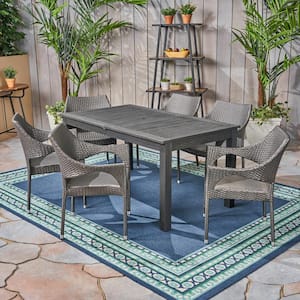 Damon Sandblast Dark Grey 7-Piece Wood and Grey Faux Rattan Outdoor Dining Set