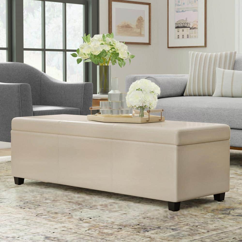 Satin Cream Faux Leather Storage Ottoman Bench