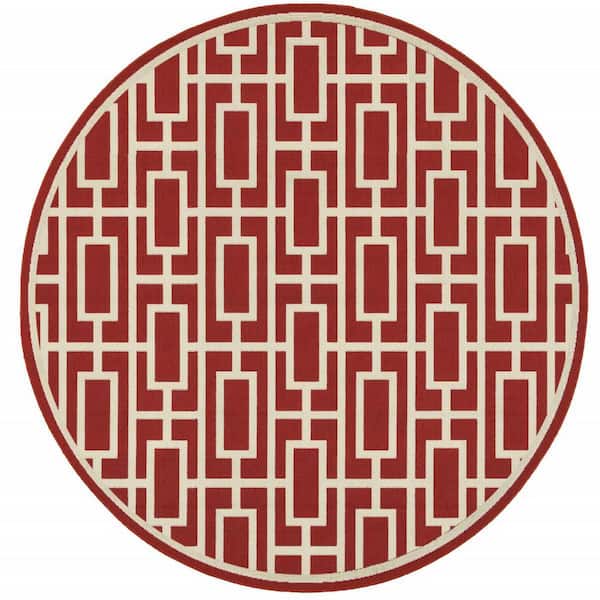 Red, Ivory 8 ft. x 8 ft. Loomed Geometric Polypropylene Round Indoor/Outdoor Area Rug