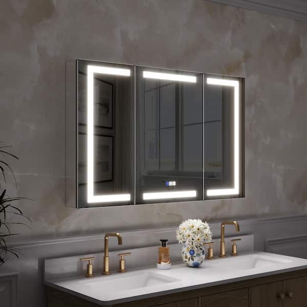 48 in. W x 30 in. H Rectangular Recessed/Surface Mount LED Medicine Cabinet with Mirror,3X Magnifier,Dimmer,3 Doors