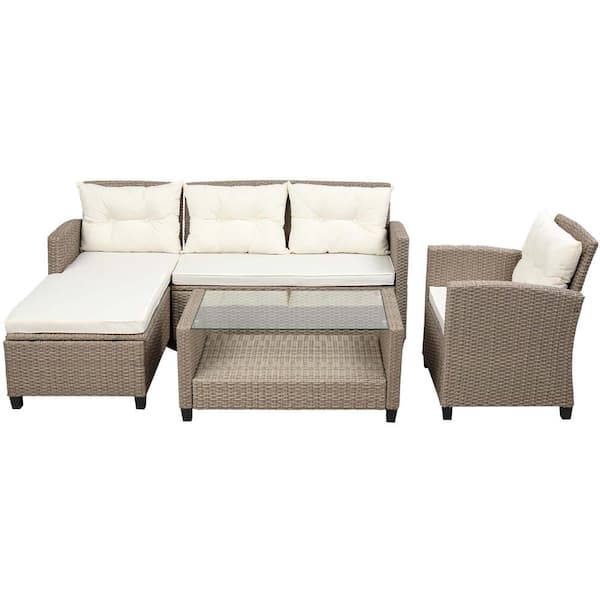 Zeus & Ruta 4-Piece Outdoor Wicker Rattan Patio Conversation Set with Beige Cushions