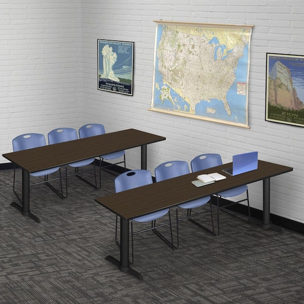 Cain 84 in x 24 in. Neo Walnut T-Base Training Seminar Table Desk & 3 Zeng Stack Chairs-Blue