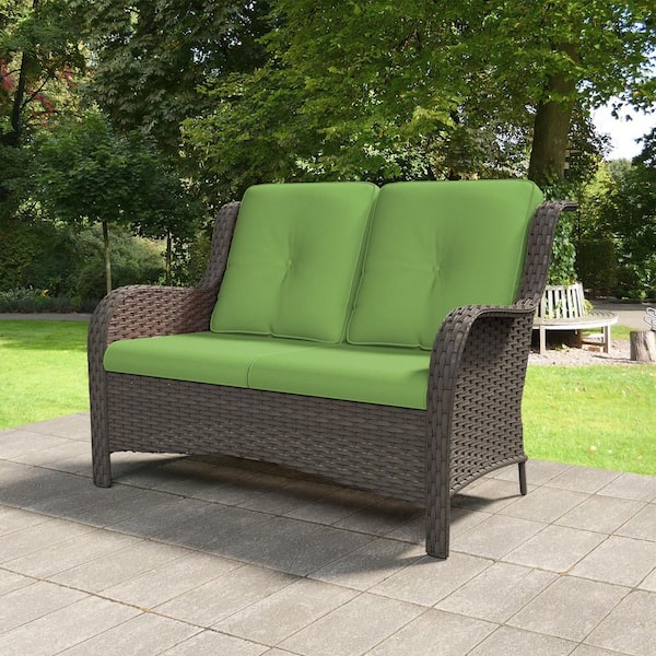 Brown Wicker Outdoor Patio Deep Seating Loveseat Couch with Green Cushions