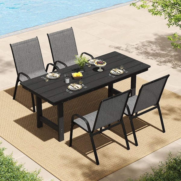 5-Piece Plastic Rectangular Outdoor Dining Set, HDPE Patio Table and 4-Textilene Stackable Chairs for Lawn, Garden