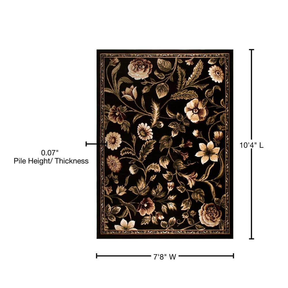 Black Floral Reversible Washable Synthetic Area Rug, 7'8" x 10'4"