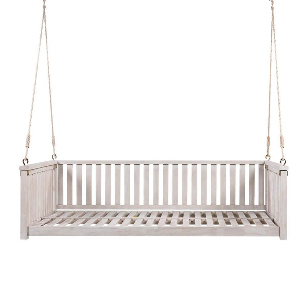 2-Person White Wood Porch Swing with Ropes