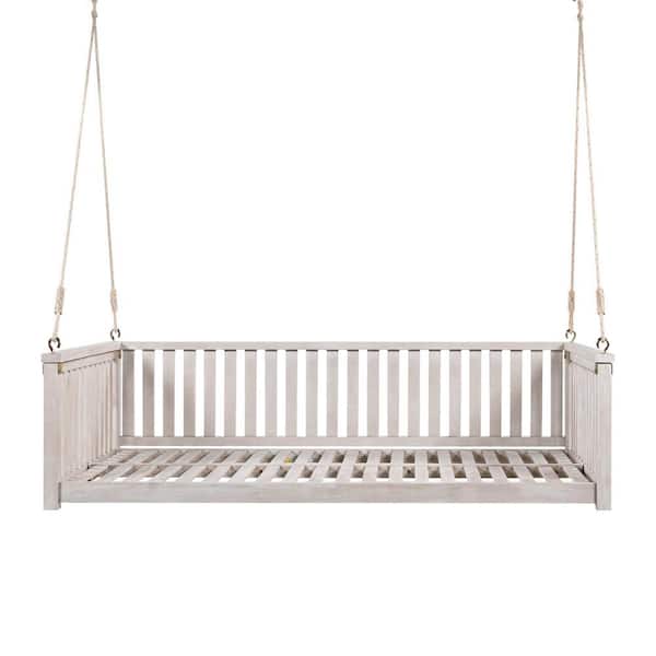 Unbranded 2-Person White Wood Porch Swing with Ropes