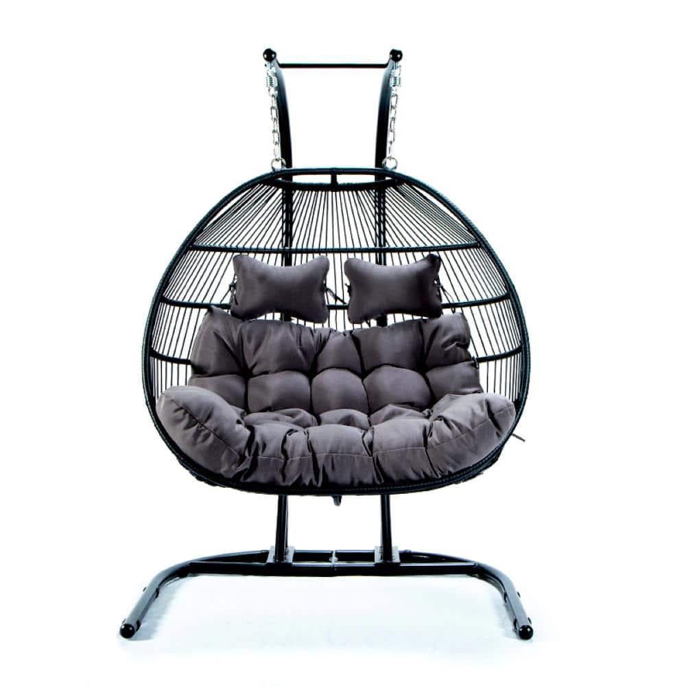 2-Person Black Iron Outdoor Folding Patio Swing Chair with Stand, Hand-Woven and Handcrafted Wicker in Gray Cushions