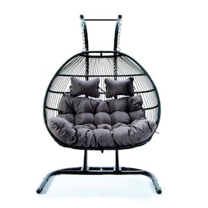 2-Person Black Iron Outdoor Folding Patio Swing Chair with Stand, Hand-Woven and Handcrafted Wicker in Gray Cushions