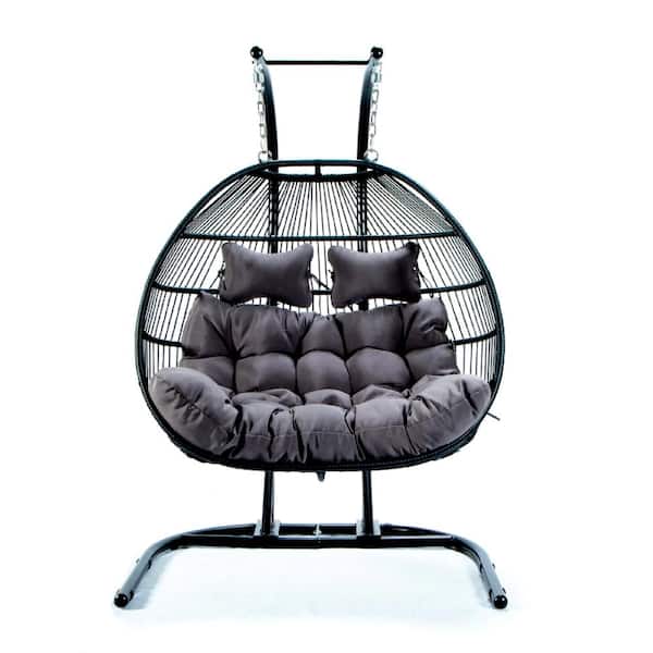 2-Person Black Iron Outdoor Folding Patio Swing Chair with Stand, Hand-Woven and Handcrafted Wicker in Gray Cushions