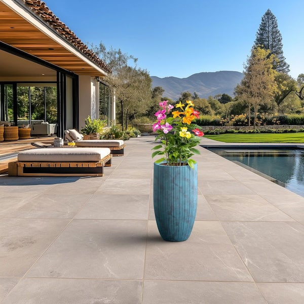 14 in. Large Blue Patina (Enhanced Interior) Concrete Round Planter / Pot with Drainage Holes