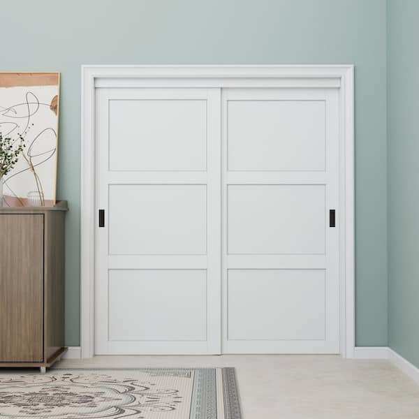 72 in. x 80 in. Paneled 3-Lite Blank Pattern White Primed MDF Sliding Door with Hardware and Black Handles