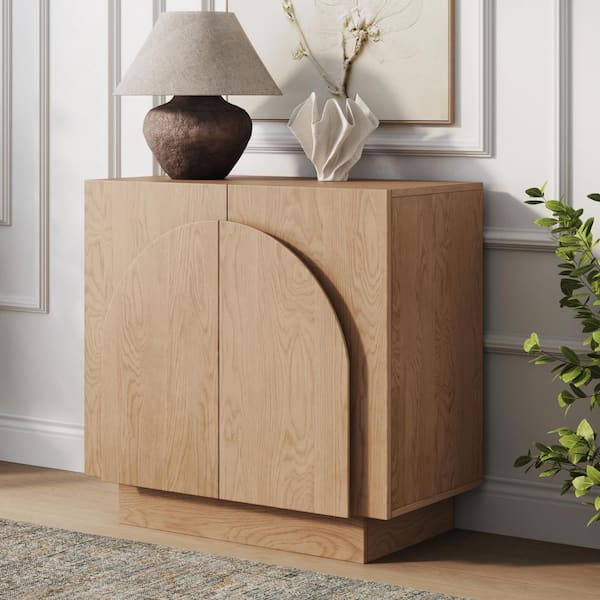 Nathan James Iris Raw Oak 31 in. H Mid-Century Modern Wooden Sideboard Accent Cabinet with Interior Shelves and Arched Doors