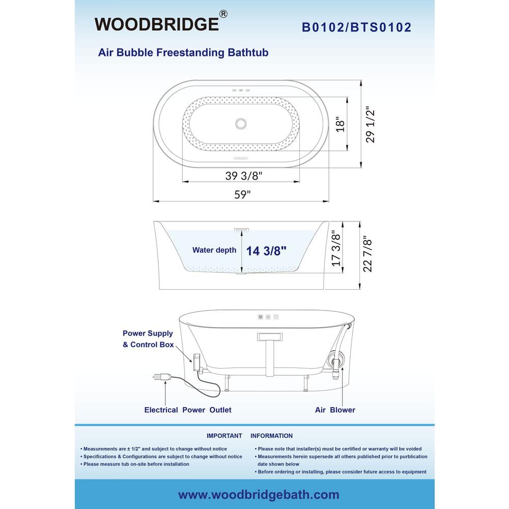59'' White Acrylic Freestanding Air Soaking Bathtub with Brushed Gold Trim