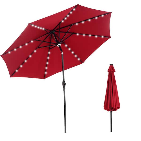 OVASTLKUY 10 ft. Market Outdoor Patio Umbrella with Solar LED Lighted in Red