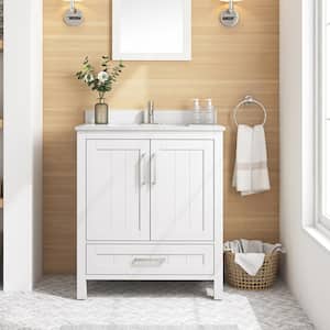 Kansas 30 in. W x 19 in. D x 34 in. H Single Sink Bath Vanity in White with White Engineered Stone Top