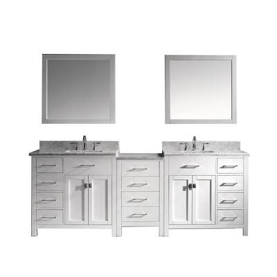 Caroline Parkway 92 in. W Bath Vanity in White with Marble Vanity Top in White with Square Basin and Mirror