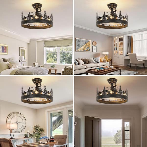 17.71 in. Metal Black Indoor Rustic Farmhouse Ceiling Fan with Light and Remote, Reversible Blades Chandelier Style