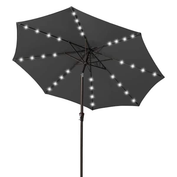 9 ft. Solar Powered LED Lighted Market Patio Umbrella with Tilt and Crank in Dark Gray