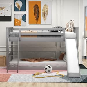 Gray Twin Over Twin Bunk Bed Frame with Convertible Slide and Ladder, Wood Floor Kids Bunk Bed Frame with Guardrail