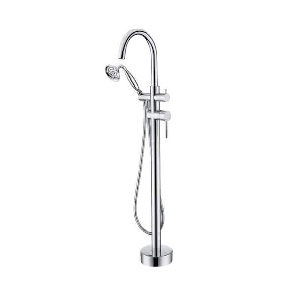 Unbranded 1-Handle Free Standing Floor Mount Tub Faucet Bathtub Filler with Hand Shower in Polished Chrome