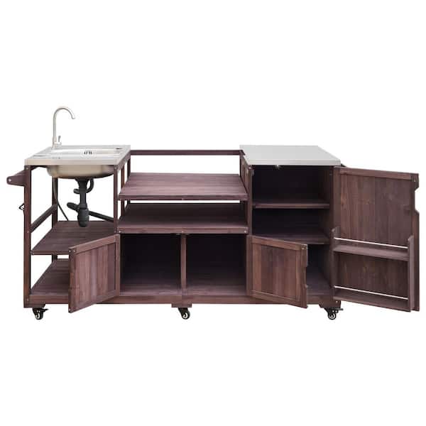 Brown Solid Wood Outdoor Bar Cart Grill Cart Kitchen Island with Sink, Stainless Steel Top