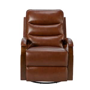Joseph Brown Genuine Leather Swivel Rocking Manual Recliner with Straight Tufted Back Cushion and Curved Mood Arms