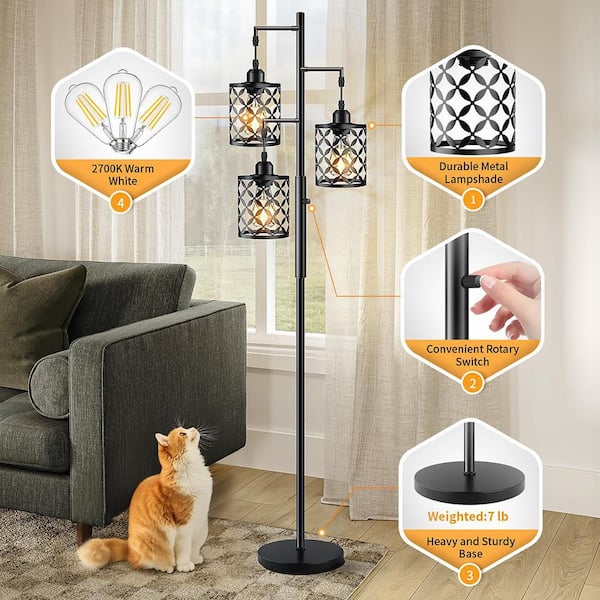 72 in. Black 3-Light Dimmable Tree Floor Lamp with 3 Bulbs