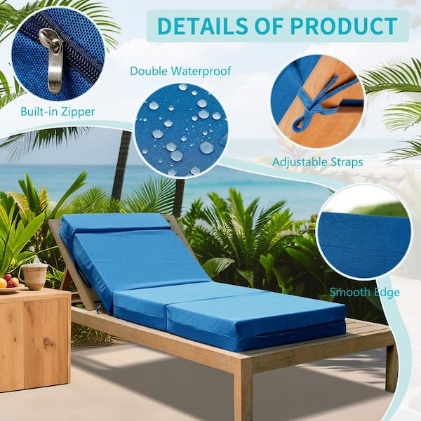2-Pack Outdoor Chaise Lounge Cushion 72 x 21 x 5 in. Waterproof Outdoor Furniture Cushions with Removable Cover, Blue