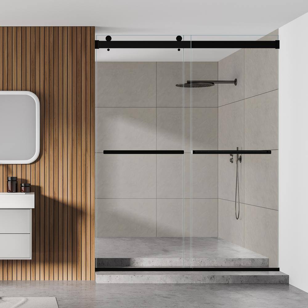 Matte Black Frameless Clear Glass Bypass Shower Door, 60" W x 76" H