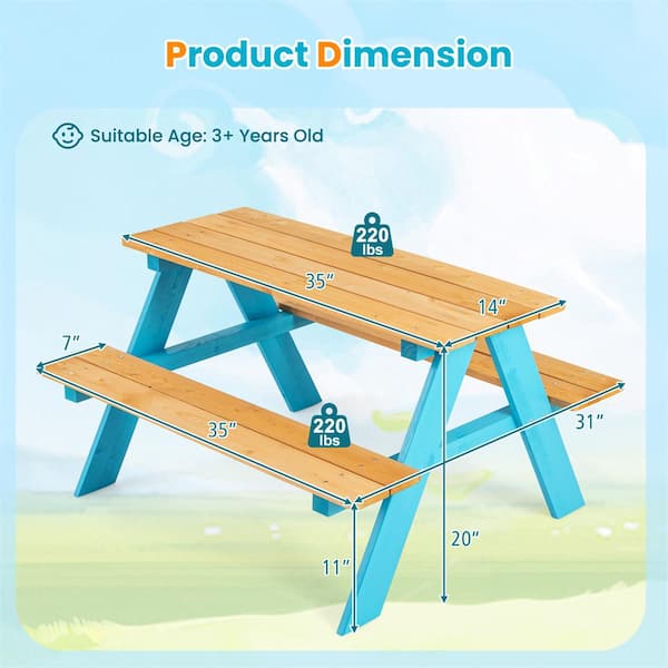GYMAX Kids Picnic Table Bench, Wooden Garden Table Set With