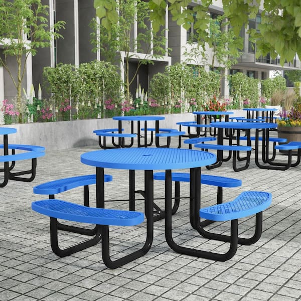Creekside 82.5 in. Blue Round Steel Outdoor Picnic Tables Seats 4 People With Umbrella Hole