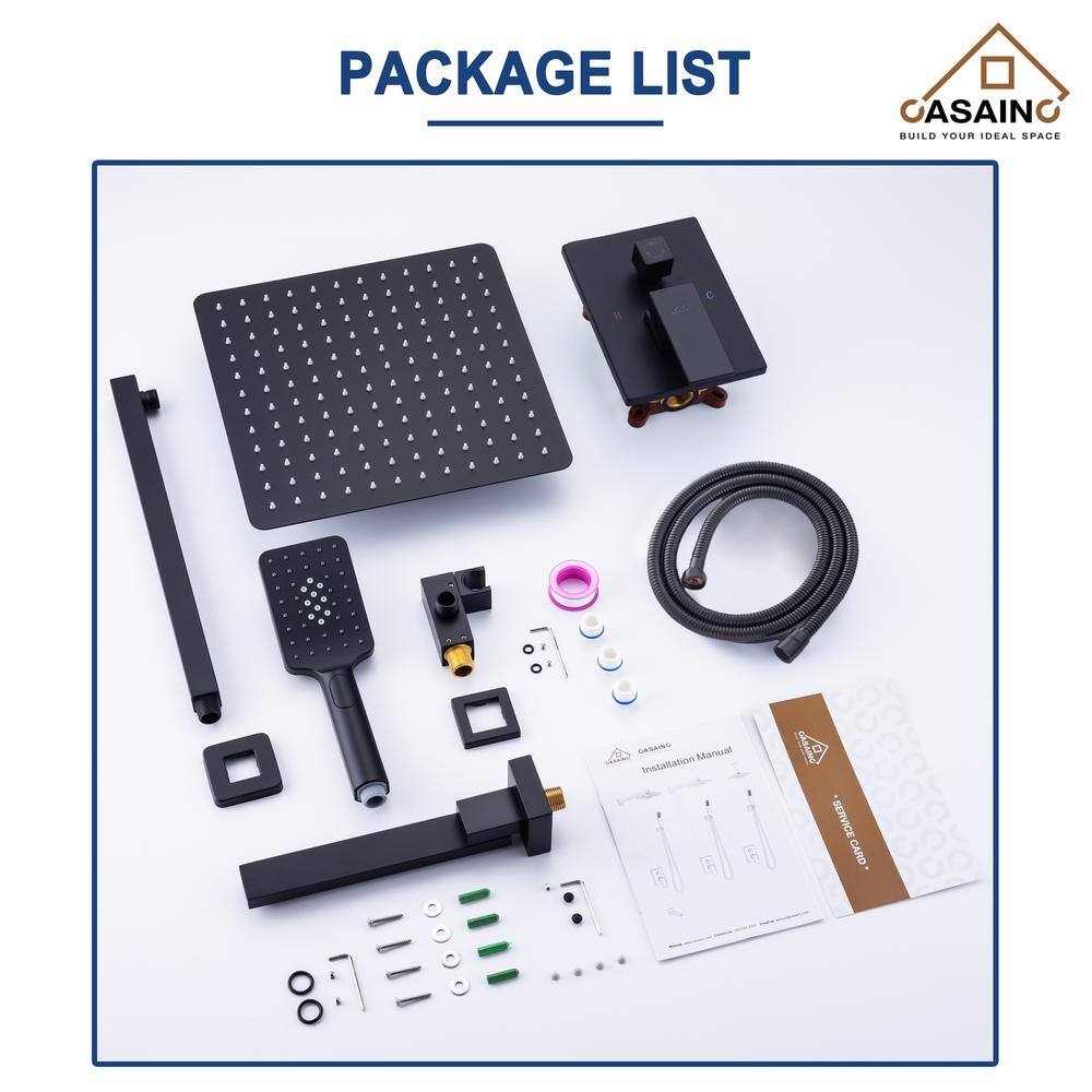 Matte Black 12" Wall Mount Square Shower System with Handheld Spray